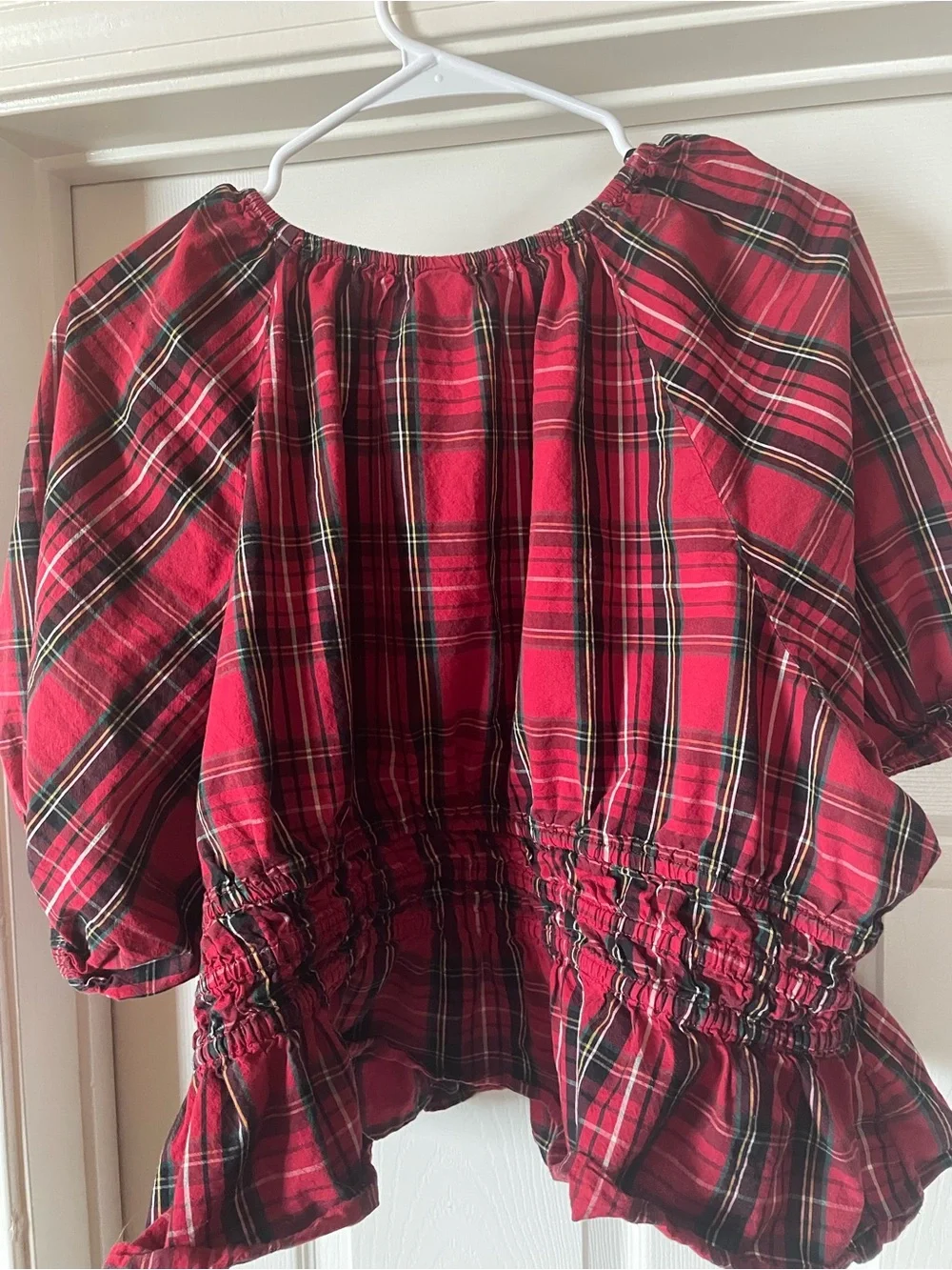 Red Plaid Puff-Sleeve Peplum Christmas Top 100% Cotton XXL